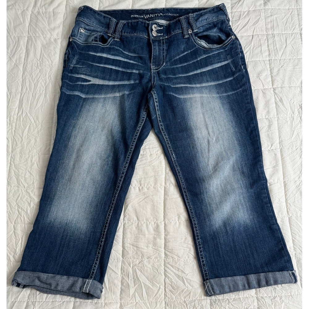 Y2K Cropped Denim Capris Blue Festival Embroidered Rhinestone Size 31 McBling